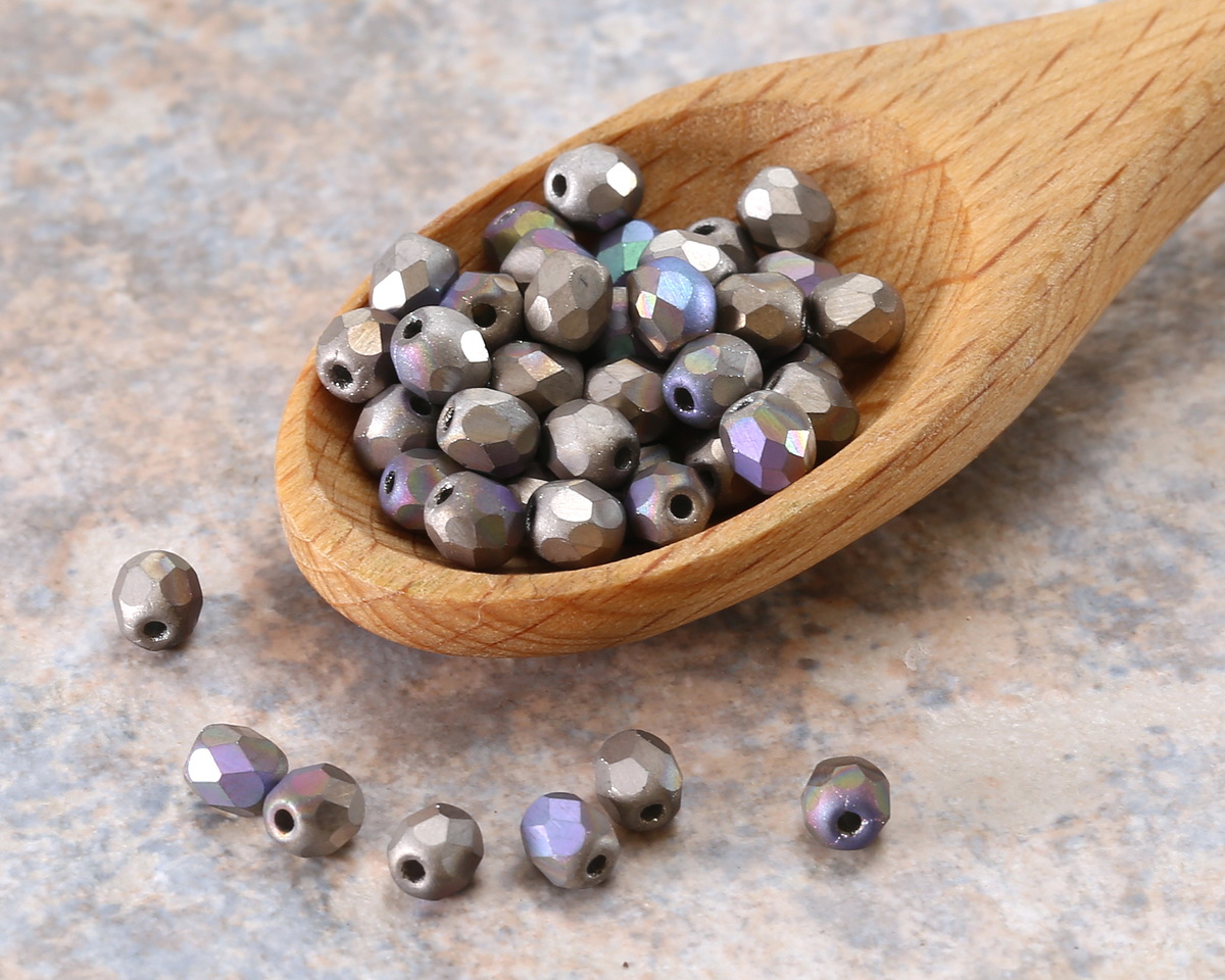 Czech Glass Matte Antique Silver AB Fire Polished Round 4mm