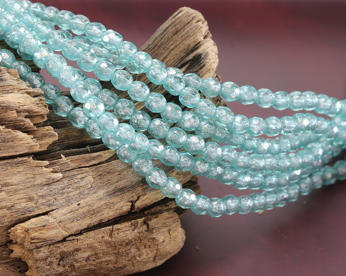 Czech Glass Aquamarine w/ Silver Wash Fire Polished Round 3mm