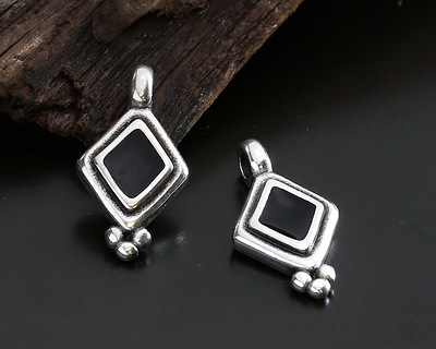 Antique Silver (plated) Jet Enamel Beaded Diamond Focal 10x17mm