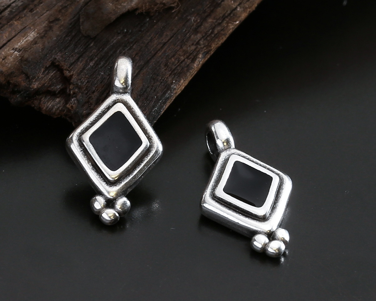 Antique Silver (plated) Jet Enamel Beaded Diamond Focal 10x17mm