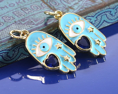 18k Gold (plated) Light Blue Enamel Hamsa Hand w/ Dark Blue Heart Focal 9.5x19mm