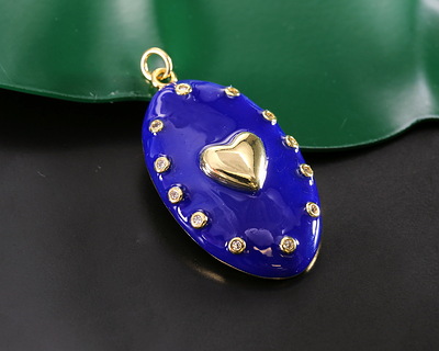 18k Gold (plated) Blue Enamel Oval w/ Heart & Crystals Focal 21x37mm