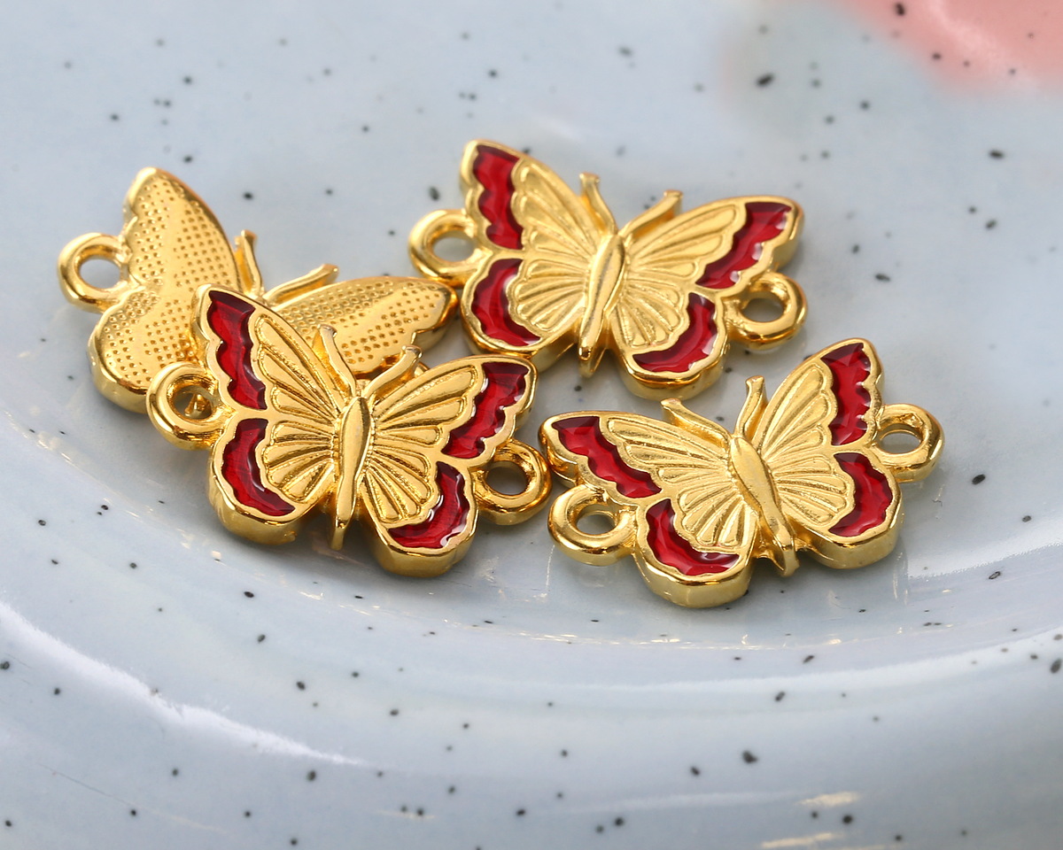 24K Gold (plated) Transparent Ruby Enamel Butterfly Focal Link 16x11mm
