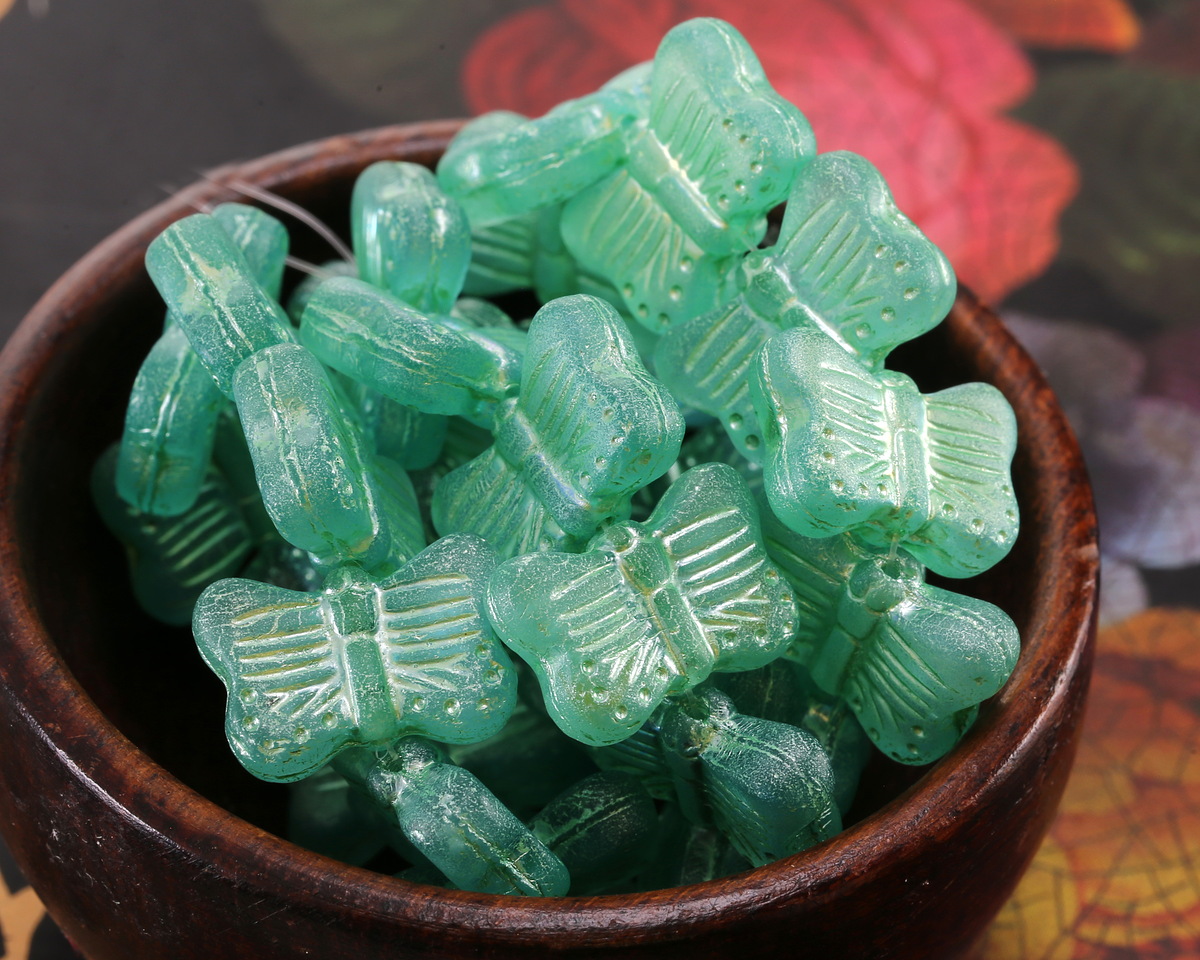 Czech Glass Matte Sea Green w/ Golden Iridescent Luster Butterfly 16x11mm