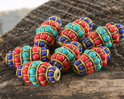 Nepalese Brass w/ Coral, Turquoise & Lapis Rice 30x16mm