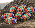 Nepalese Brass w/ Coral, Turquoise & Lapis Rice 30x16mm