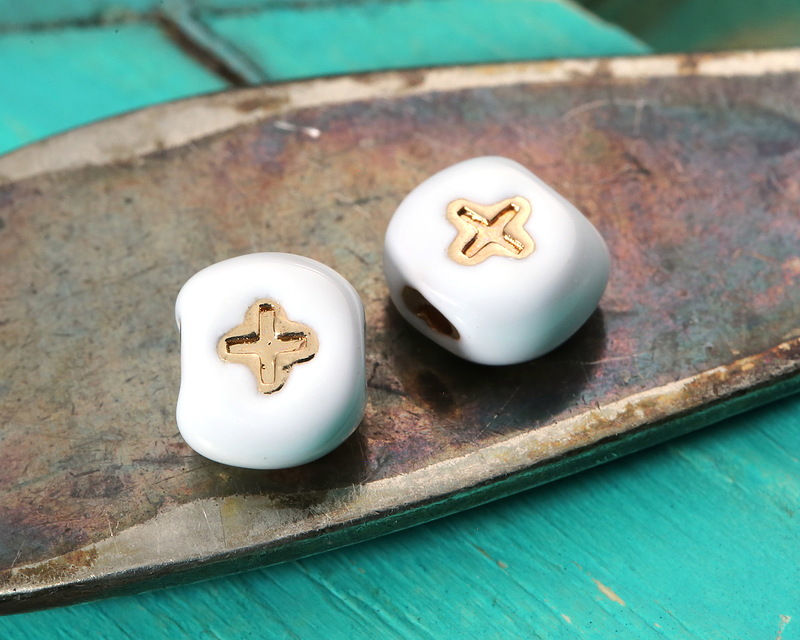 Gold Enamel on White Addition Symbol Puff Bead 7x8mm