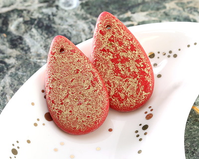Czech Glass Textured Matte Red w/ Gold Teardrop 18x30mm