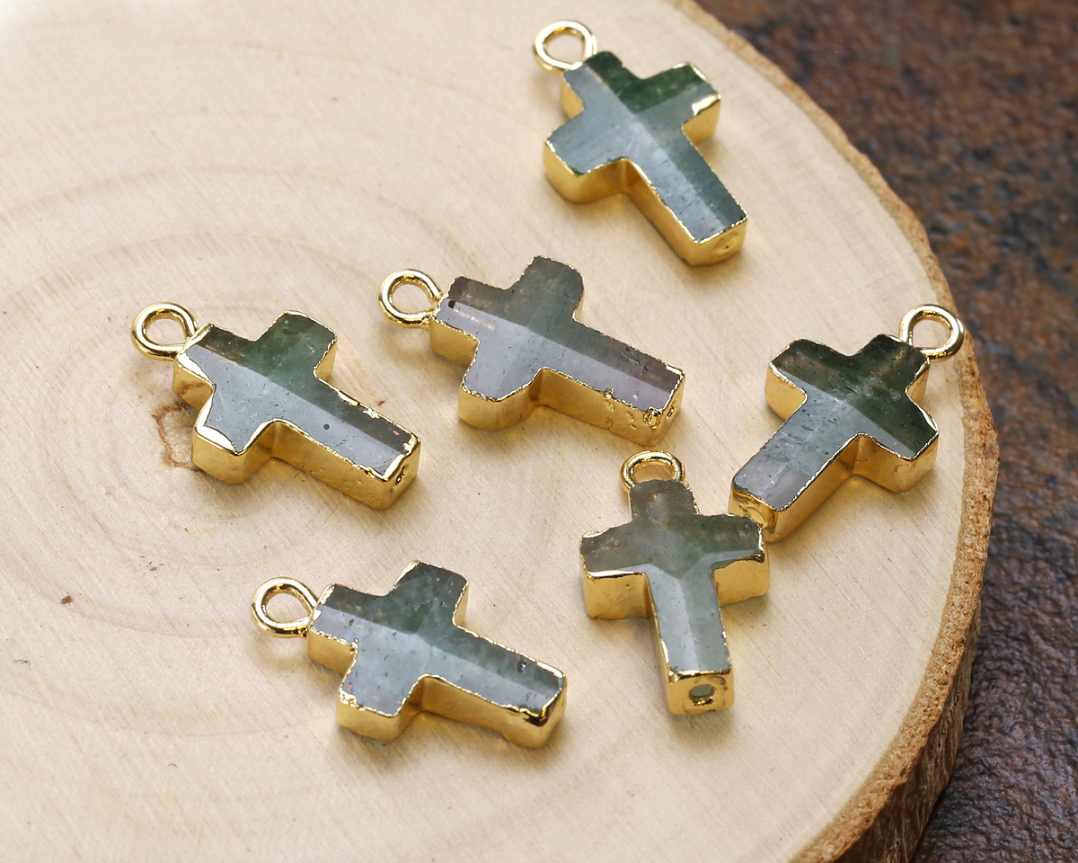 Green Strawberry Quartz Faceted Cross Focal w/ Gold Finish 10x15mm