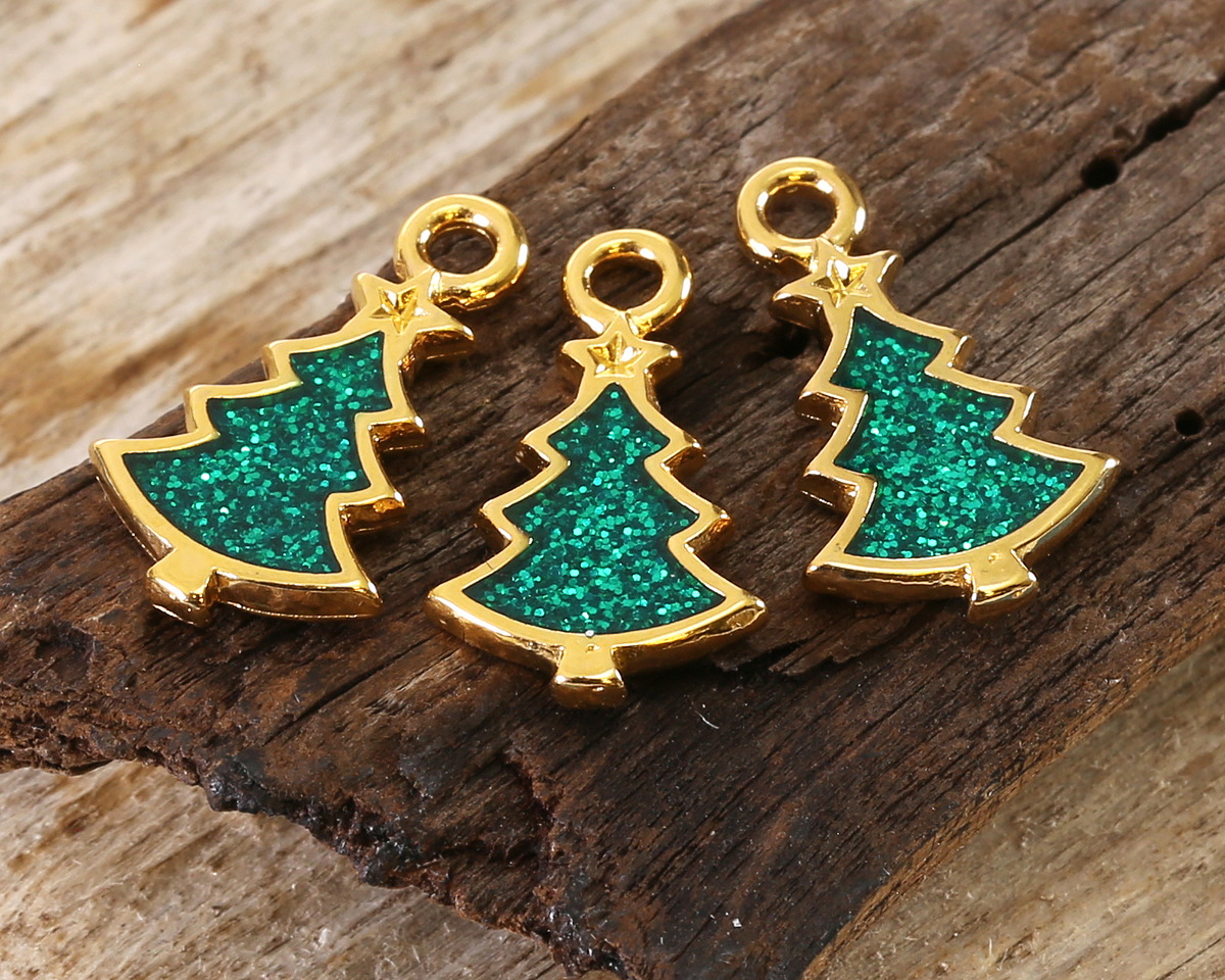24K Gold (plated) Enamel Christmas Tree Focal 10.5x17mm