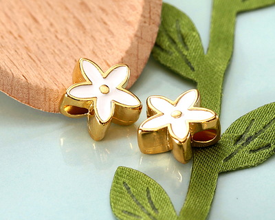 24K Gold (plated) White Enamel Flower Bead 11mm