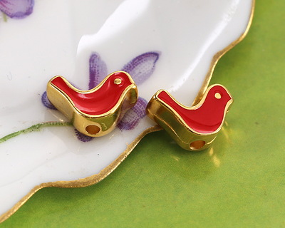 24K Gold (plated) Red Enamel Bird Bead 8x12.5mm