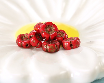 Czech Glass Pepper Red w/ Dark Bronze Hibiscus Coin 7mm