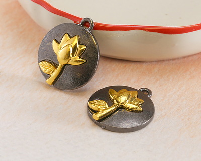 Water Lily Two-Toned Gunmetal & Gold Finish Round Focal 17.5x20.5mm