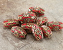 Nepalese Brass Rice Bead w/ Coral Mosaic 21x12mm