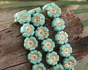Czech Glass Turquoise w/ Gold Hibiscus Coin 9mm