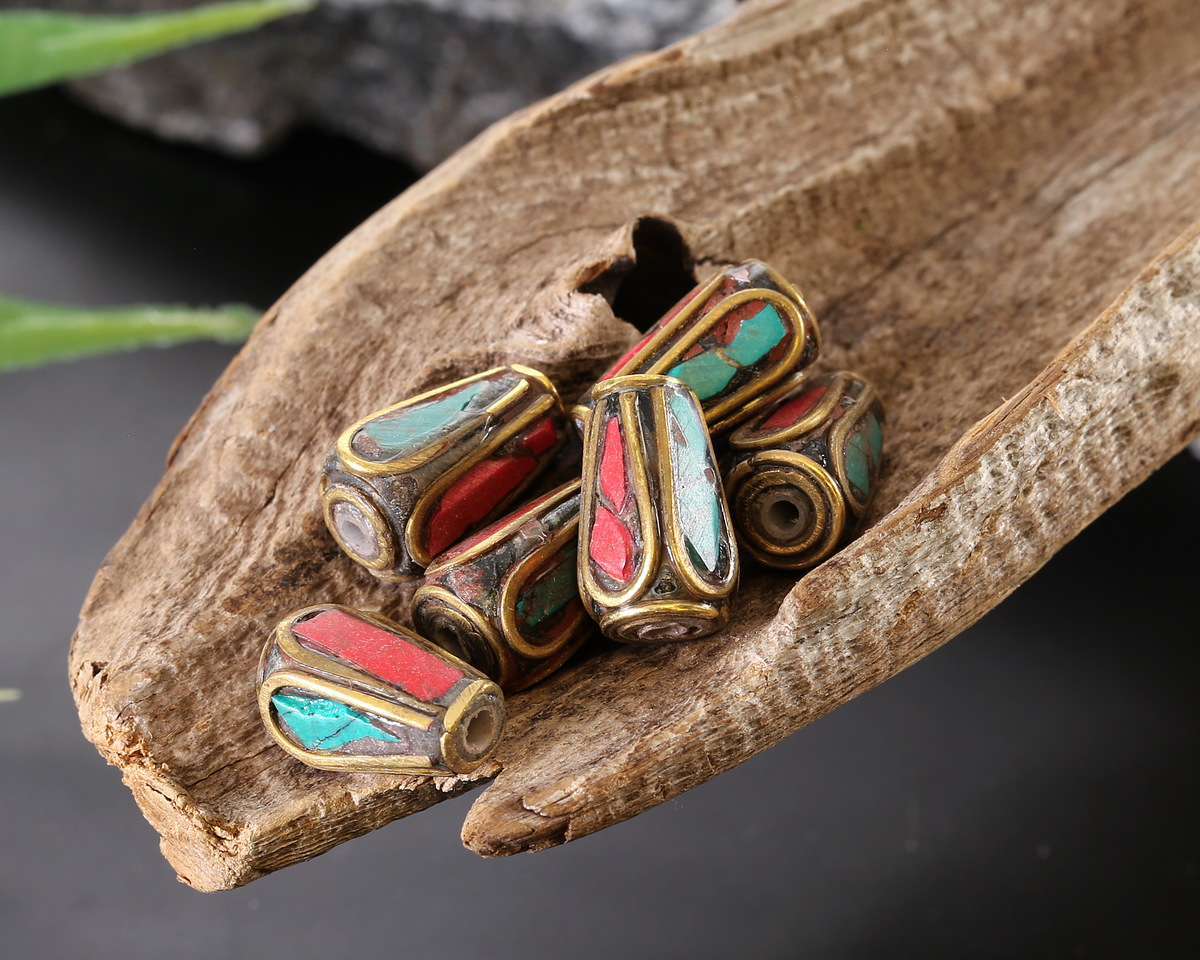 Nepalese Brass w/ Turquoise & Coral Mosaic Drop Bead 13x7mm