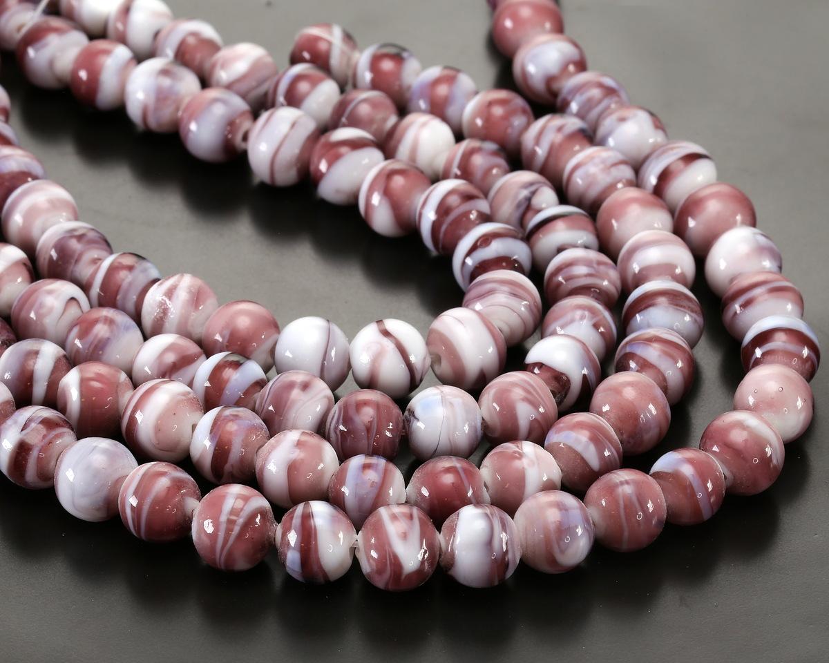 Amethyst & White Swirl Lampwork Glass Round 10mm