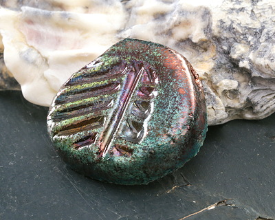 Mykonos Ceramic Iridescent Copper Patina Fossil Pendant 42x37mm