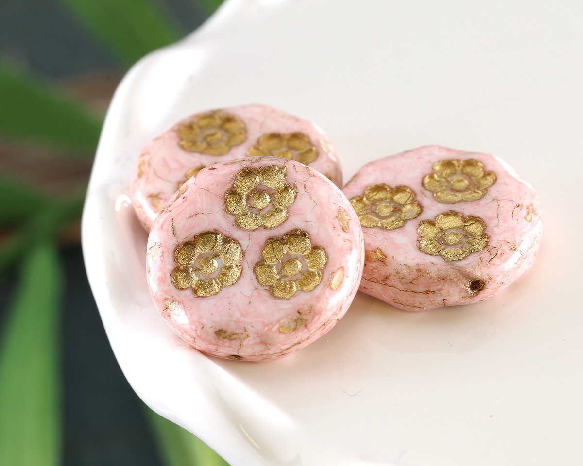 Czech Glass Petal Pink w/ Gold Flower Trio Coin Bead 21mm