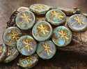 Czech Glass Turquoise Picasso w/ Matte Gold Dragonfly Coin 17mm