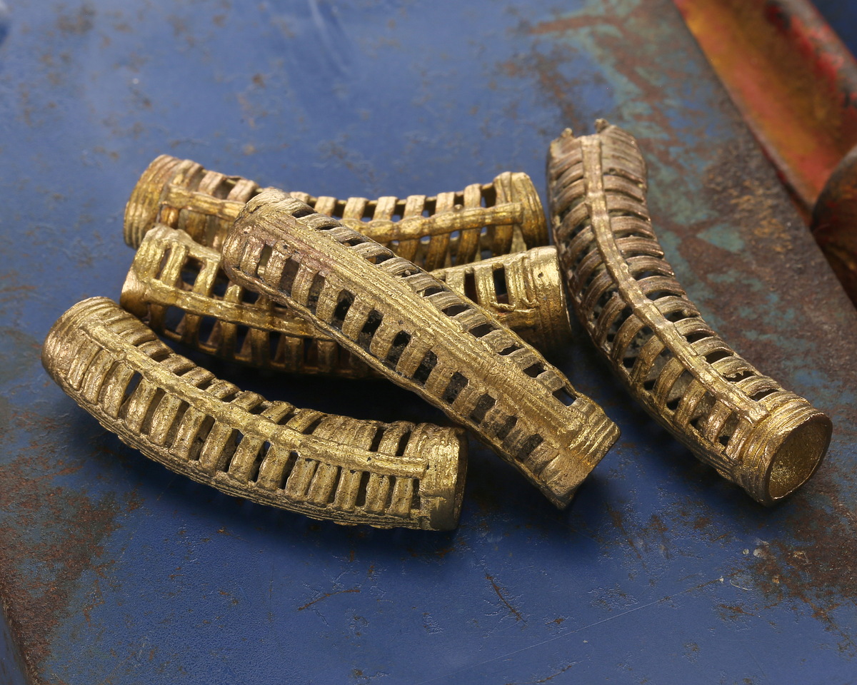 African Brass (Ghana, Ashanti) Elbow Noodle Bead Focal 50-55x10-12mm
