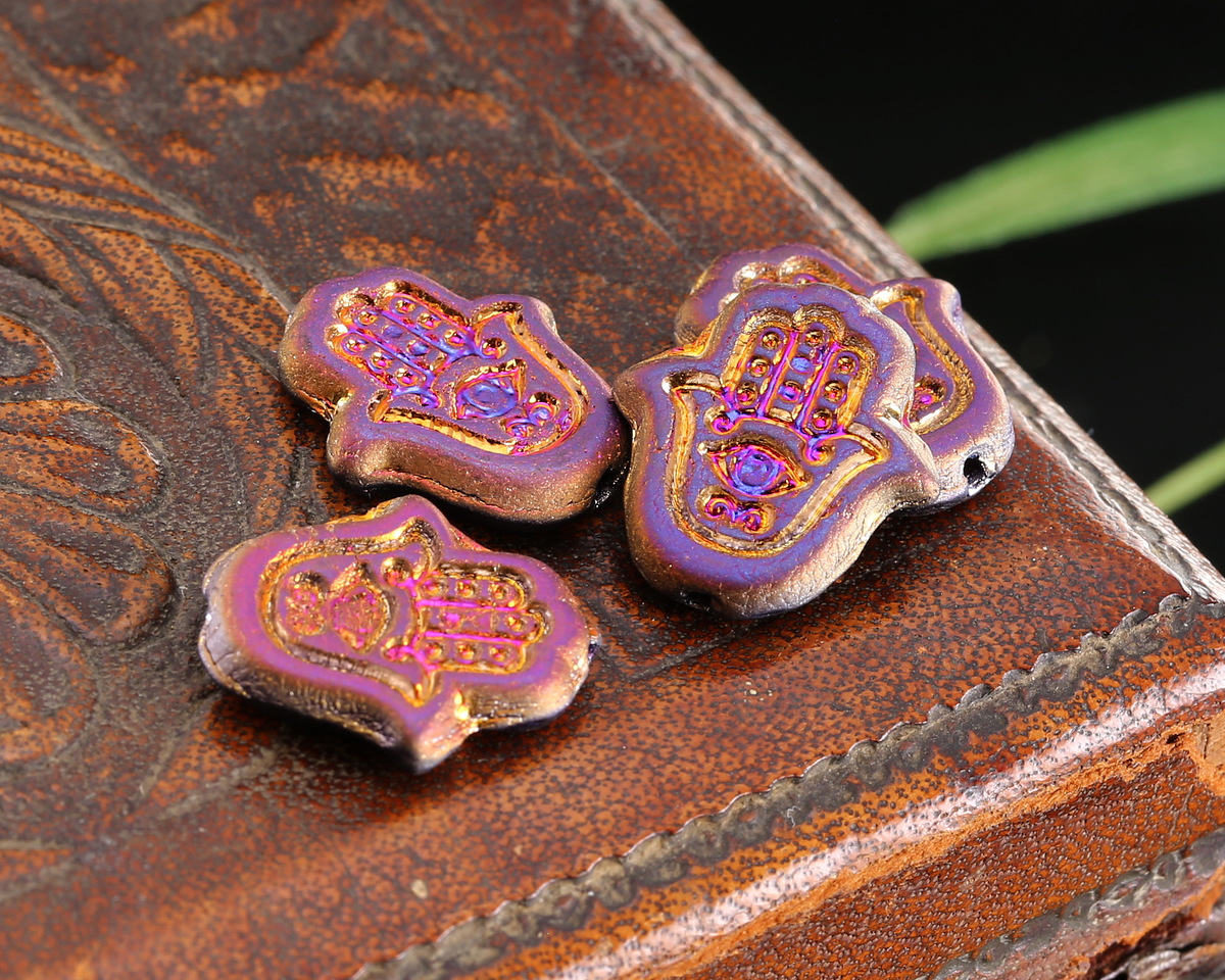 Czech Glass Matte Metallic Rainbow Hamsa Hand 15x14mm
