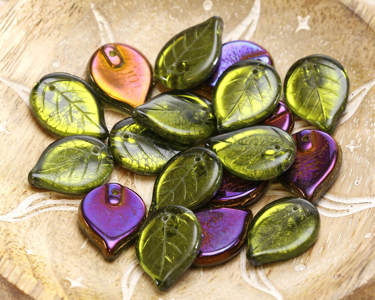 Czech Glass Olivine w/ Iris Purple (on back) Leaf Drop 18x13mm