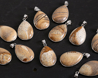 Picture Jasper Teardrop Silver Wrapped w/ Bail Pendant 22x41mm