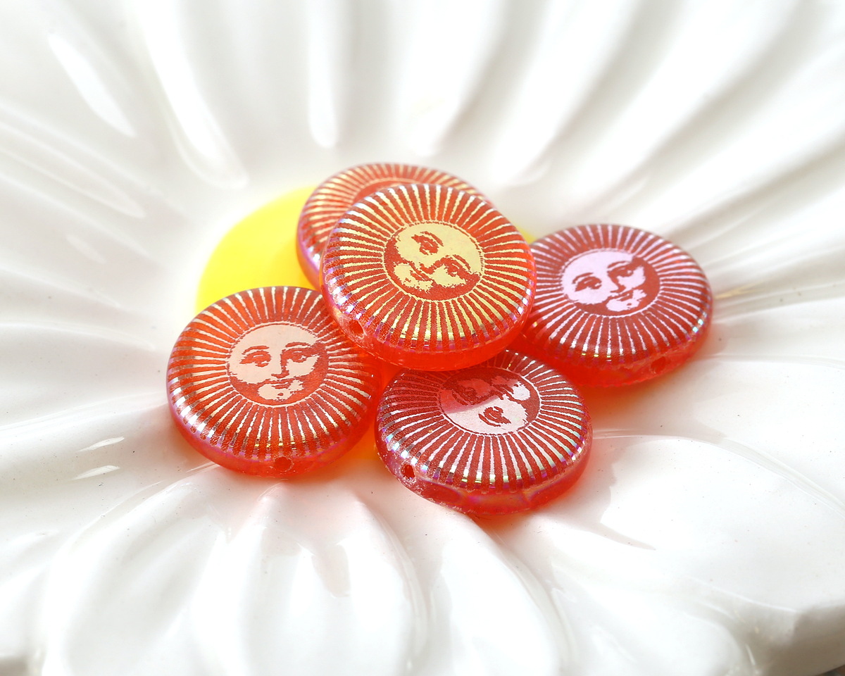 Czech Glass Laser Etched Sun Face on Tangerine AB Coin 14mm