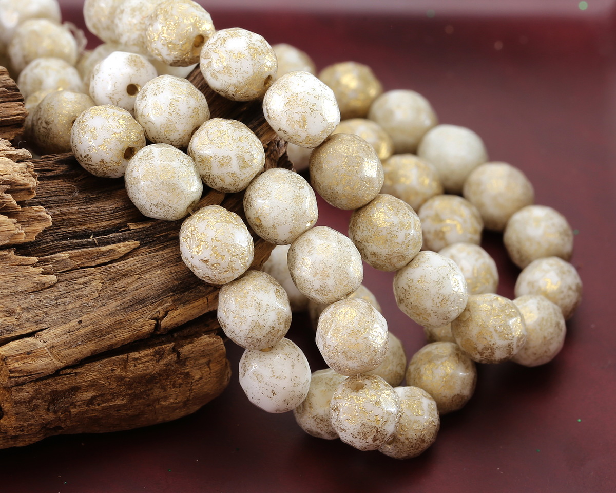 Czech Glass Textured White w/ Gold Fire Polished Round 8mm