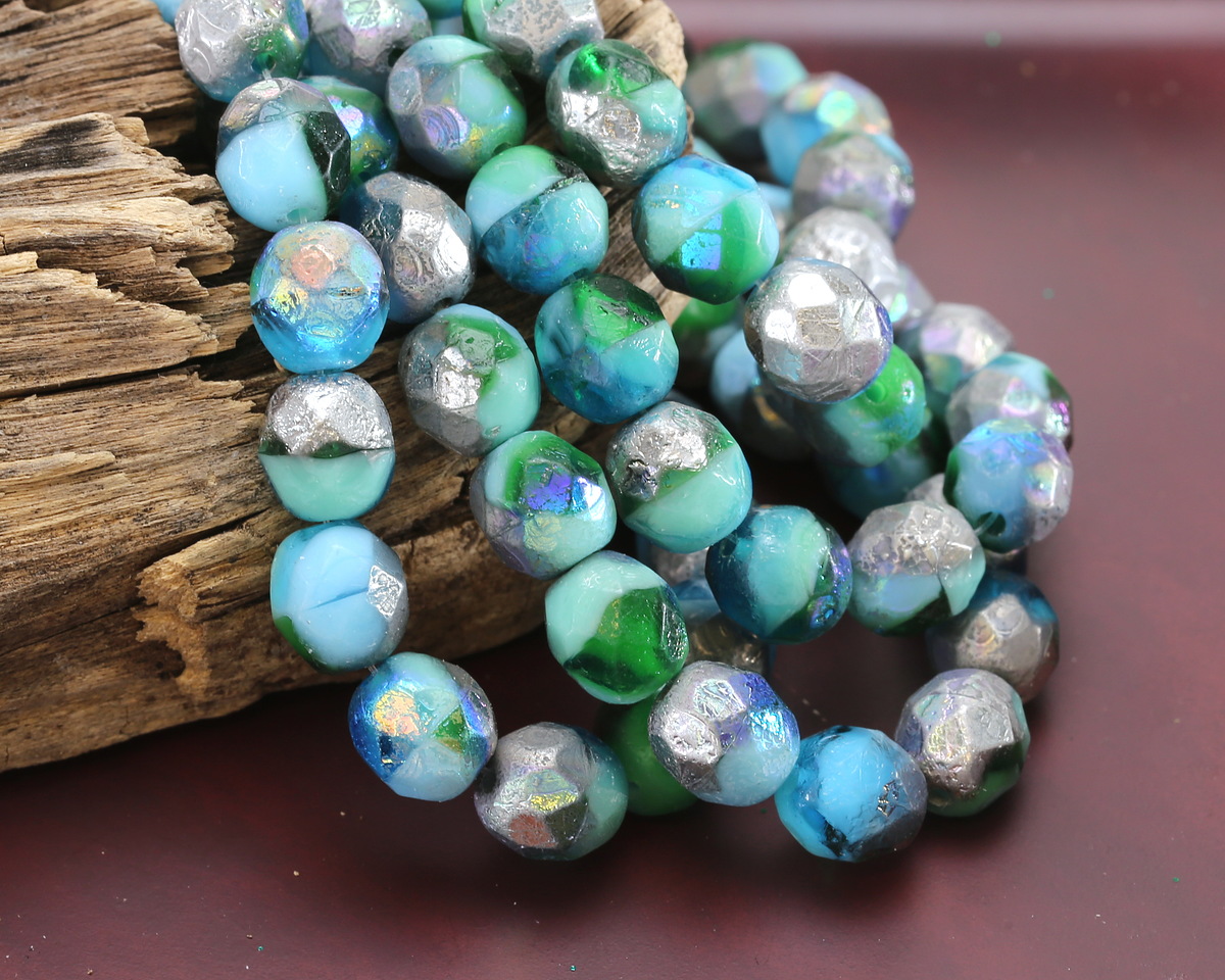 Czech Glass Textured Aquamarine Waters AB w/ Silver Fire Polished Round 8mm