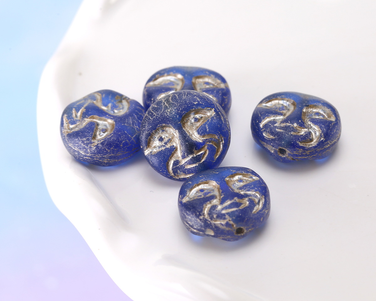 Czech Glass Matte Cobalt w/ Platinum Moon Face 13mm
