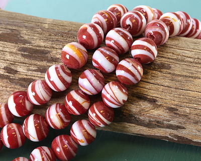 Brick Red & White Swirl Lampwork Glass Round 10mm