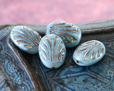 Czech Glass Blue Opal Swirl w/ Platinum Fan Oval 17x12mm