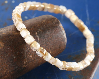 Czech Glass White Opal w/ Gold Cube 4mm