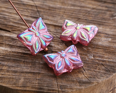 Czech Glass Amethyst AB w/ Metallic Pink Butterfly 15x12mm