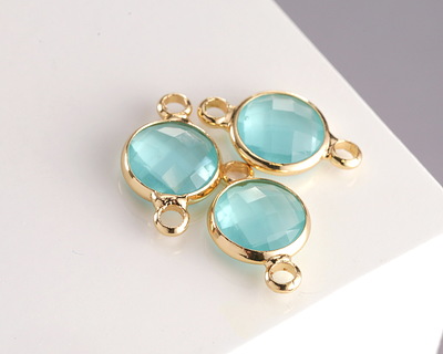 Sea Blue Opal Crystal Round Link in Gold Finish Bezel 14.5x8.5mm