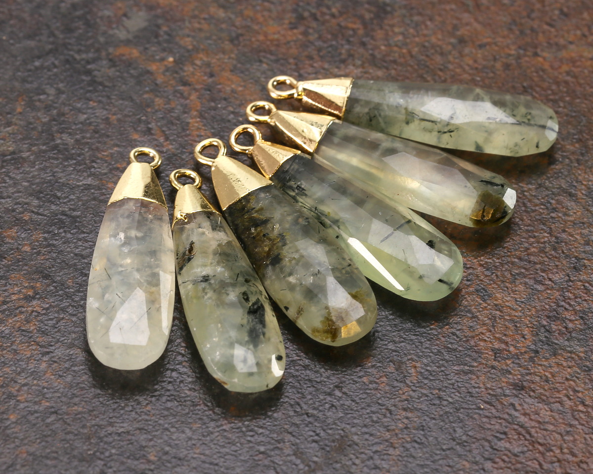 Prehnite Faceted Puff Teardrop Focal w/ Gold Finish 9x28mm