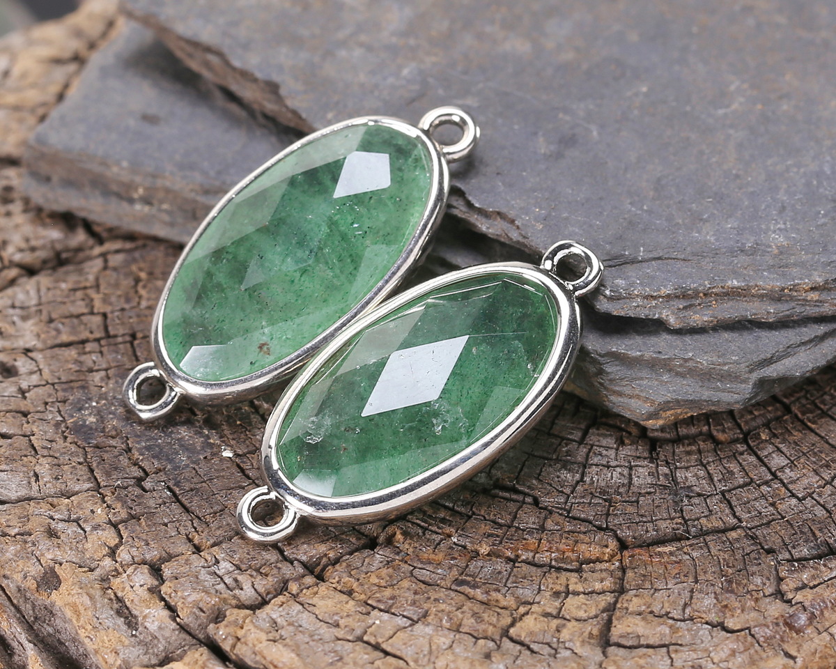 Green Strawberry Quartz Faceted Puff Oval Link w/ Silver Finish Bezel 12x20mm