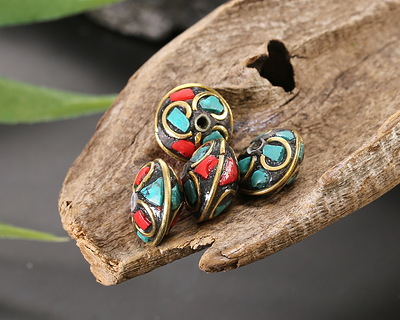 Nepalese Brass w/ Turquoise & Coral Mosaic Saucer Bead 8x12mm
