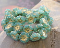 Czech Glass Green Opal w/ Gold Hibiscus Coin 12mm