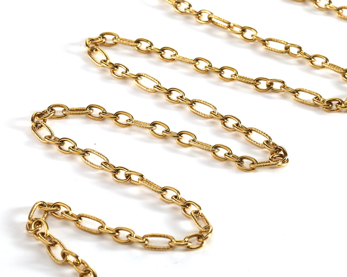 Waterproof 18K Gold PVD Plated Stainless Steel 1:3 Textured Cable Chain, 5' Package