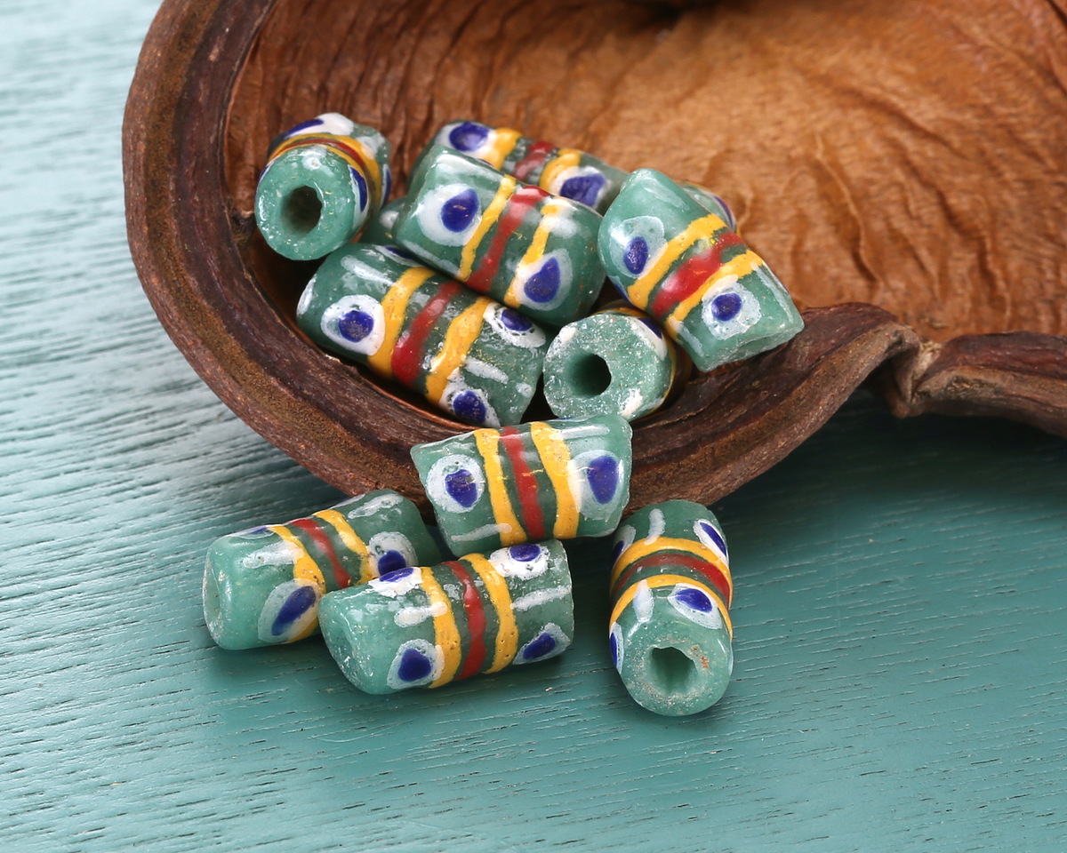 African Glass (Krobo) Green Powder-Cast Hand-Painted Blue Dots & Yellow/Red Striped Tube 15x9mm