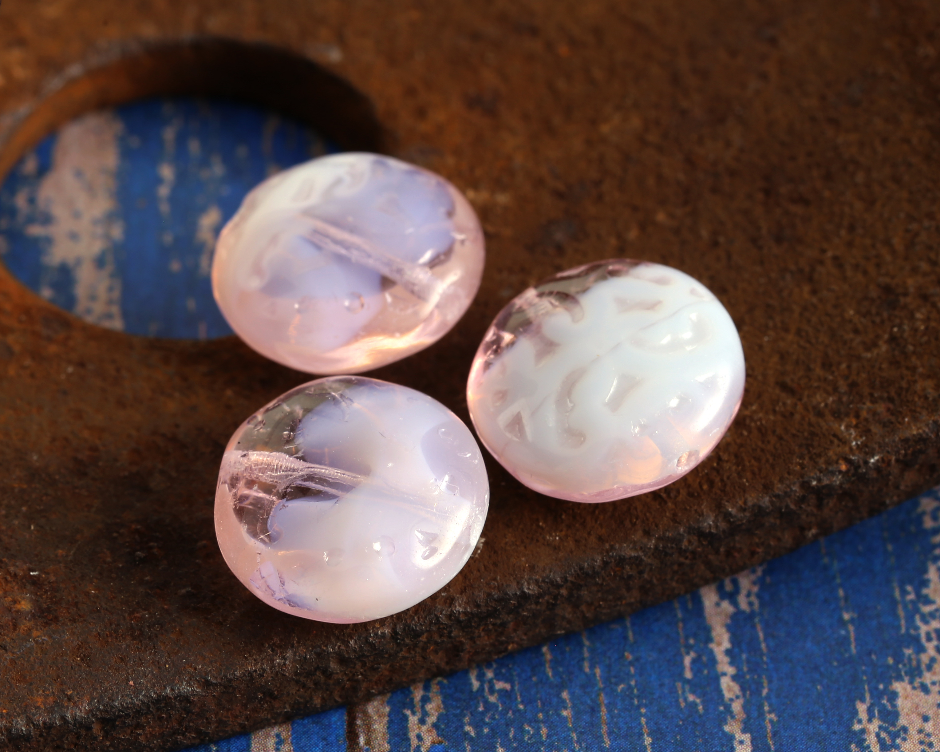 Czech Glass Rose and White Opal Textured Puff Coin 14mm