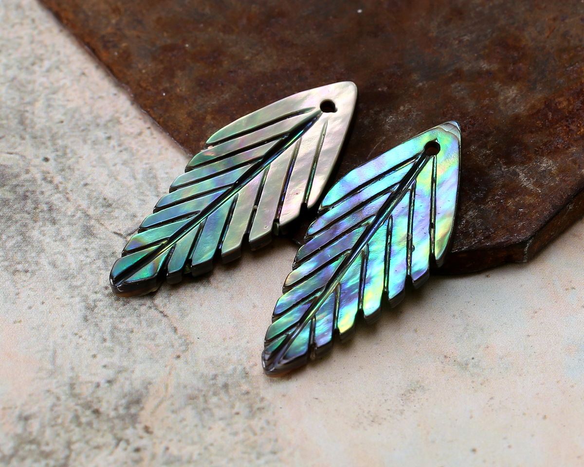 Abalone Carved Diamond Feather Focal 29x12mm