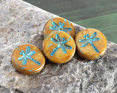 Czech Glass Bisque Picasso w/ Metallic Turquoise Dragonfly Coin 17mm