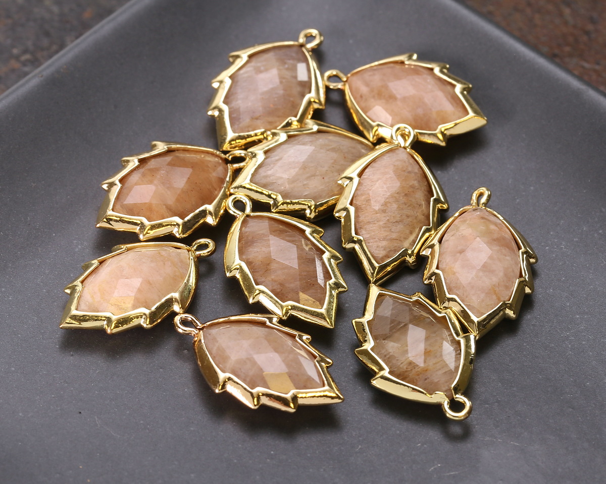 Peach Moonstone Faceted Puff Leaf Focal w/ Gold Finish 14x22mm