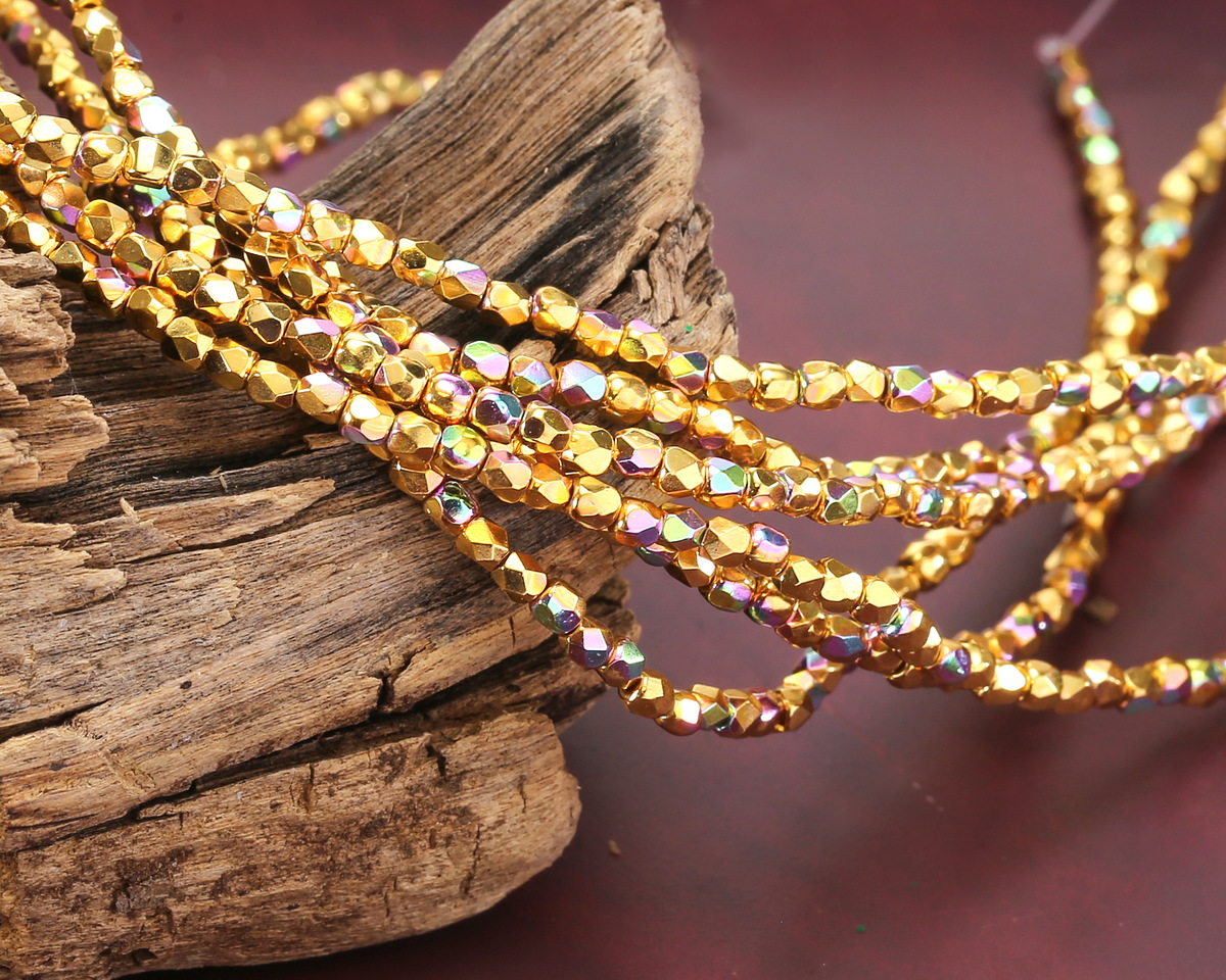 Czech Glass Gold AB Fire Polished Round 2mm