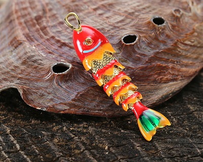 18k Gold (plated) Red, Orange, & Green Enamel Articulated Fish Focal 10.5x46mm